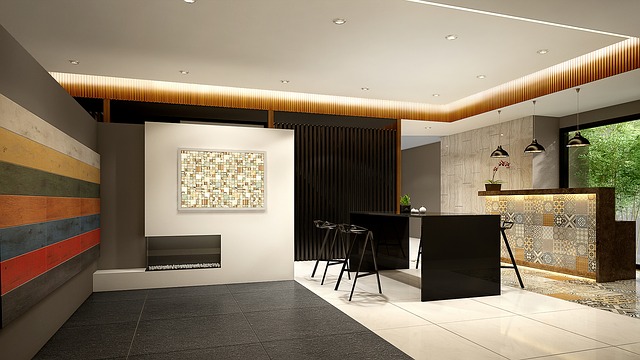 salon contemporain avec grands carreaux carrelage et faience aux murs